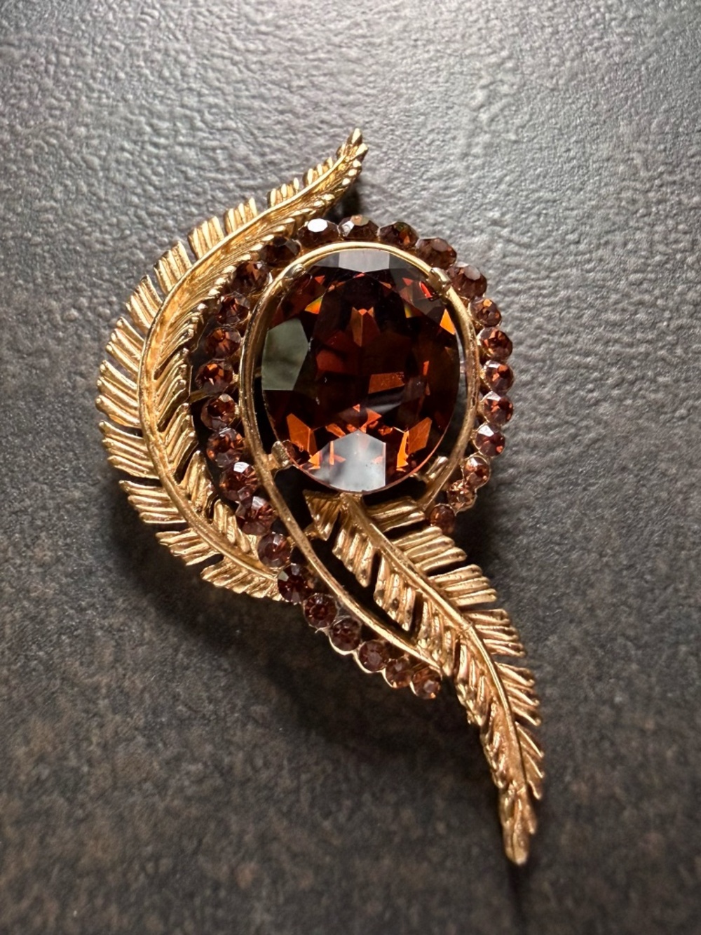 Vintage Mid-Century Crown Trifari Topaz Gold Fern Leaf Brooch